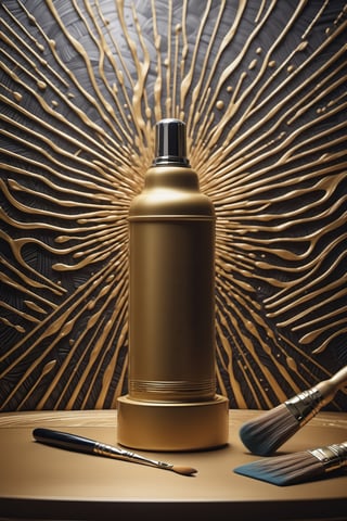 (best quality,  highres,  ultra high resolution,  masterpiece,  realistic,  extremely photograph,  detailed photo,  8K wallpaper,  intricate detail,  film grains), High definition photorealistic photography of ultra luxury, Design of a golden paint can, featuring an Art Deco pattern on the label, devoid of any brand markings. It is set in a painting and working scene, placed on a table alongside a paintbrush. This is a photographic scene designed with advanced photography, CGI, and VFX parameters, in high definition, ensuring flawless execution. The entire setting is immersed in the Art Deco style. high level of intricacy in the image.