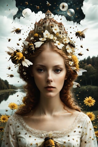 Generate an aesthetically fascinating collage artwork, complex double exposure art by Alex Stoddard, Natalia Drepina and Brooke Shaden, a surreal postcard. Double exposure of a woman with a bees composition in her head, as a form of thoughts. long_exposure, long_exposure
