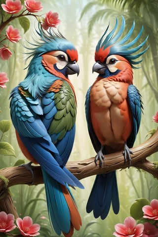 Capture the essence of love in the avian world with two beautif sulsurreal birds with large feathers and lush manes, their feathers intertwined as they perch together. This heartwarming scene invites artists to depict the tender connection and vibrant beauty of these feathered pairs in a delightful masterpiece.