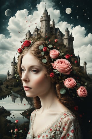 Generate an aesthetically fascinating collage artwork, complex double exposure art by Alex Stoddard, Natalia Drepina and Brooke Shaden, a surreal postcard. Double exposure of a Castle of Roses composition in her head, as a form of thoughts. long_exposure, long_exposure