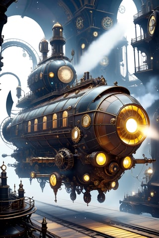 Mitica escena steampunk de Una nave espacial steampunk con alas giratorias y luces de neón que desafía la gravedad mientras viaja por el espacio sideral. Mechanical,DonMSt34mPXL,SP style,steampunk style