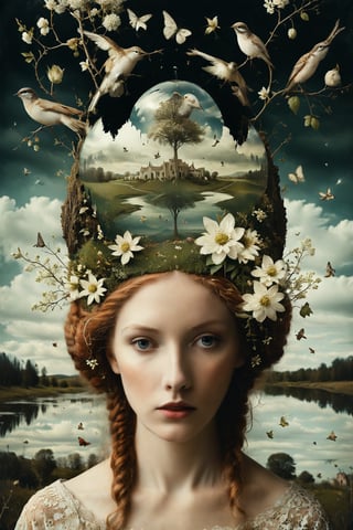 Generate an aesthetically fascinating collage artwork, complex double exposure art by Alex Stoddard, Natalia Drepina and Brooke Shaden, a surreal postcard. Double exposure of a woman with a spring composition in her head, as a form of thoughts. long_exposure, long_exposure