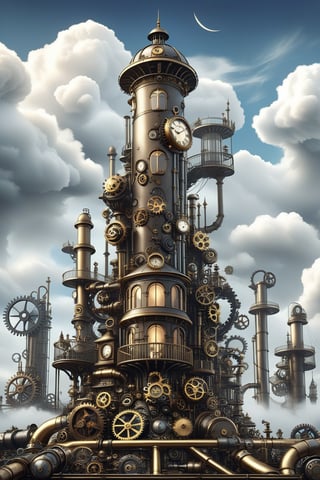 create a beautiful magical steampunk fantasy scene where you can evidence a Una torre gigantesca hecha de engranajes y tubos, alcanzando las nubes, con plataformas flotantes alrededor..Mechanical,DonMSt34mPXL