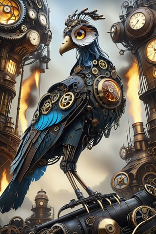 mitica y vintage escena steampunk de Una nave con diseño de ave fénix, con alas de metal que brillan con un fuego interno, pintado en una combinación de marrones y azules pasteles que evocan renovación y resurgimiento. ,Mechanical,DonMSt34mPXL