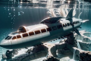 High definition photorealistic render of a luxury submarine under on the sea whit marine life, parametric details gold an white curves zaha hadid style, wings, very sculptural and with fluid and organic shapes, gold, with black and white details. The design Art Deco details and a high level of image complexity.