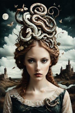 Generate an aesthetically fascinating collage artwork, complex double exposure art by Alex Stoddard, Natalia Drepina and Brooke Shaden, a surreal postcard. Double exposure of a woman with a snakes composition in her head, as a form of thoughts. long_exposure, long_exposure