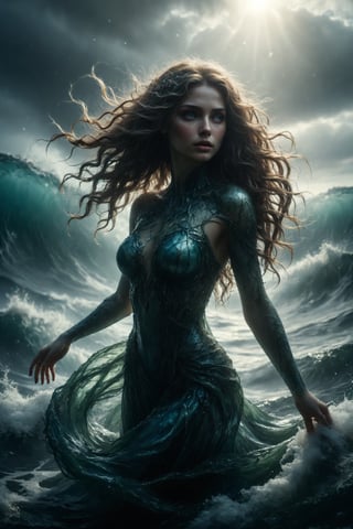 Queen of sea, full body, Thalassa glides through the waves with a form that reflects the depths and mysteries of the ocean. Her hair flows like seaweed, and her eyes shimmer like sunlight on water.