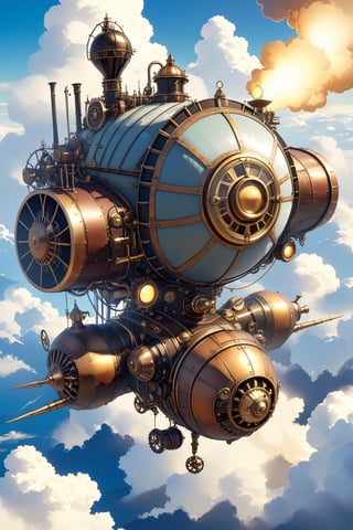 Mitica escena steampunk de Un acorazado enorme con cañones de energía y casco reforzado, surcando mares de nubes en busca de nuevos descubrimientos. Mechanical,DonMSt34mPXL,SP style,steampunk style
