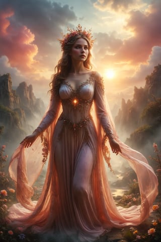 Queen of dawn Eos, full body, Eos is a radiant goddess with rosy fingers and a diaphanous robe that shimmers with the colors of dawn. Her face is gentle yet full of the promise of a new day.