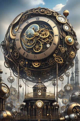 create a beautiful magical steampunk fantasy scene where you can evidence, A monumental clock with multiple spheres spinning with infinite precision.,Mechanical,DonMSt34mPXL