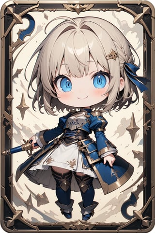 (masterpiece:1.4), ((best quality, 8k, ultra-detailed)), perfect anatomy, detailed eyes, Saber, chibi, cute, kawaii, (smile:1.3), full body, beautiful character illustration, in TCG Card frame