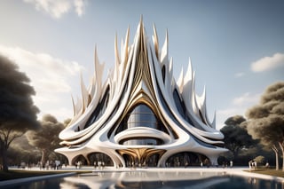 High-definition photorealistic render of an exterior vertical sculptural casttle in parametric architecture, with pointed, dragon-wing-like symmetrical curves inspired by the constructions of Zaha Hadid. A luxurious design featuring marble, glass, and golden metal, with black and white details. The design is inspired by the main stage of Tomorrowland 2022, with ultra-realistic Art Deco details and a high level of intricacy in the image.