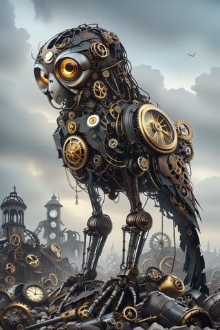 create a beautiful magical steampunk fantasy scene where you can evidence, A mechanical ghost recalling its lost humanity as it walks among ruins and broken clocks.Mechanical,DonMSt34mPXL