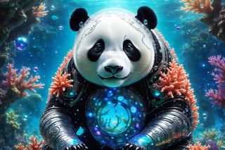 Biomechanical panda animal made out of glass in magical ocean full of stars and mist, with many coral reefs, iridicent glass gem, (transparent), (intricate detailed), UHD, HDR+, (hyperdetailed:1.2), centered,cyborg style,Movie Still,Leonardo Style