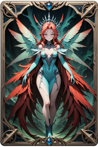 Prompt: (masterpiece:1.4), ((best quality, 8k, ultra-detailed)), lancardium lady hummingbir iridicent, monster illustration, beautiful, full body, in TCG Card frame