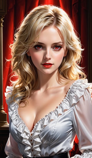 score_9, score_8_up, score_7_up, score_6_up, masterpiece,best quality,illustration,style of Realistic portrait of woman,Frilled Blouse,Blonde hair,red Eyes,cleavage cutout