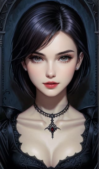 score_9, score_8_up, score_7_up, score_6_up, masterpiece,best quality,illustration,style of Jessica Galbreth portrait of dark gothic girl,Gothic,Short hair, Vampire,