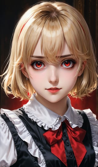 score_9, score_8_up, score_7_up, score_6_up, masterpiece,best quality,illustration,style of Realistic portrait of Rumia,Frilled Blouse,Blonde hair,red Eyes,Black Vest,Red Collar,