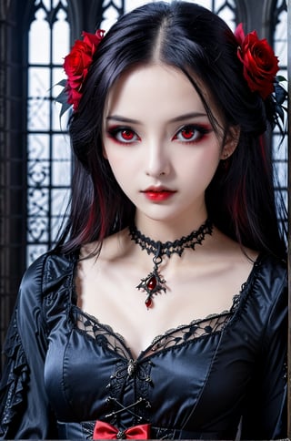 score_9, score_8_up, score_7_up, score_6_up, masterpiece,best quality, Beautiful portrait of dark gothic girl,Gothic,Red eyes,Asian
