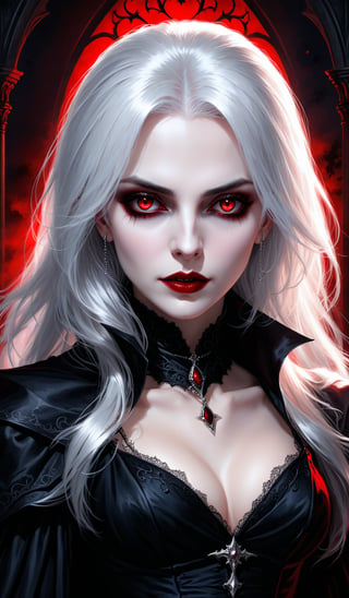 score_9, score_8_up, score_7_up, score_6_up, masterpiece,best quality,illustration,style of Realistic portrait of dark Gothic Vampire woman,White hair,Red eyes,