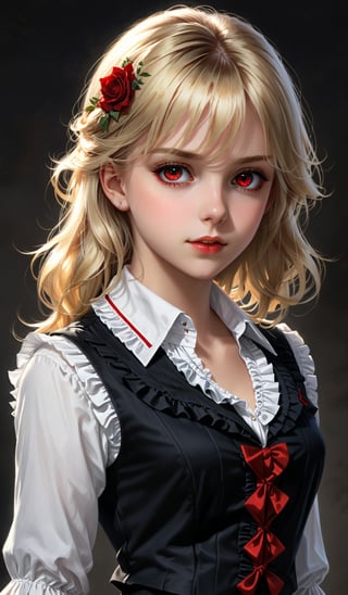 score_9, score_8_up, score_7_up, score_6_up, masterpiece,best quality,illustration,style of Realistic portrait of dark girl,Blonde hair,Red eyes,White Blouse,Black Vest,Frilled Collar,