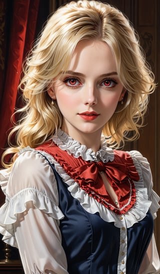 score_9, score_8_up, score_7_up, score_6_up, masterpiece,best quality,illustration,style of Realistic portrait of woman,Frilled Blouse,Blonde hair,red Eyes,