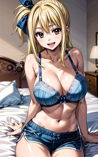 Lucy_Heartfilia 1girl solo blonde_hair brown_eyes hair_ribbon breasts ((large_breasts)) long_hair  blue_ribbon ribbon in_bedroom (((blue_bra))) ((dolphin_shorts)) sitting_on_bed smile sexy sexy_pose sexy_expresion standing side_ponytail open_mouth