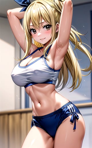 Lucy_Heartfilia 1girl solo blonde_hair brown_eyes hair_ribbon breasts large_breasts long_hair  blue_ribbon ribbon in_gym gym (((alternative_costume))) ((crop_top)) cleavage thong hands_on_own_head arms_up armpits smile sexy sexy_pose sexy_expresion standing sweat side_ponytail 