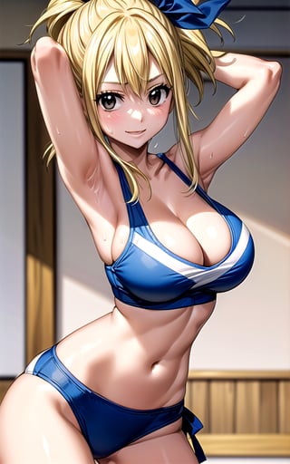 Lucy_Heartfilia 1girl solo blonde_hair brown_eyes hair_ribbon breasts large_breasts long_hair  blue_ribbon ribbon in_gym gym (((alternative_costume))) ((crop_top)) cleavage thong hands_on_own_head arms_up armpits smile sexy sexy_pose sexy_expresion standing sweat side_ponytail 