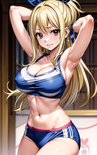 Lucy_Heartfilia 1girl solo blonde_hair brown_eyes hair_ribbon breasts large_breasts long_hair  blue_ribbon ribbon in_gym gym (((alternative_costume))) ((crop_top)) cleavage thong hands_on_own_head arms_up armpits smile sexy sexy_pose sexy_expresion standing sweat side_ponytail 