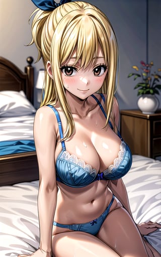 Lucy_Heartfilia 1girl solo blonde_hair brown_eyes hair_ribbon breasts ((large_breasts)) long_hair  blue_ribbon ribbon in_bedroom (((white_bra))) panties sitting_on_bed smile sexy sexy_pose sexy_expresion standing sweat side_ponytail 