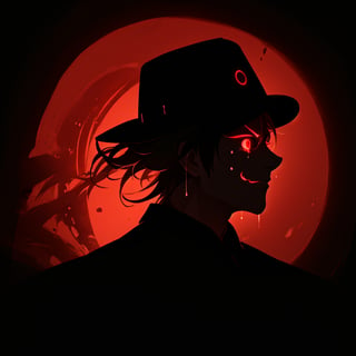 a silhouette of a handsome man wearing a hat, Black shadow inside a red circle, glowing red eyes, He wears a glowing red smiling mask, crying_tears