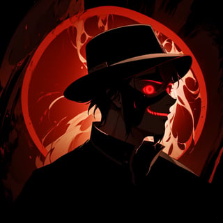 a silhouette of a handsome man wearing a hat, Black shadow inside a red circle, glowing red eyes, He wears a glowing red smiling mask, crying, crying_with_eyes_open