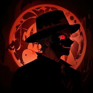 a silhouette of a handsome man wearing a hat, Black shadow inside a red circle, glowing red eyes, He wears a glowing red smiling mask, crying, crying_with_eyes_open