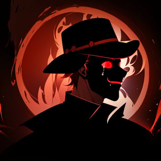 a silhouette of a handsome man wearing a hat, Black shadow inside a red circle, glowing red eyes, He wears a glowing red smiling mask, crying, crying_with_eyes_open