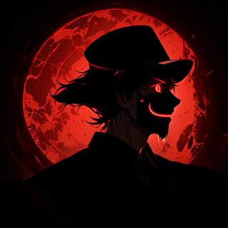 a silhouette of a handsome man wearing a hat, Black shadow inside a red circle, glowing red eyes, He wears a glowing red smiling mask, tears
