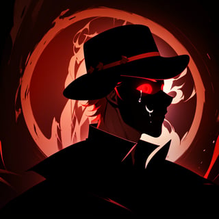 a silhouette of a handsome man wearing a hat, Black shadow inside a red circle, glowing red eyes, He wears a glowing red smiling mask, crying, crying_with_eyes_open