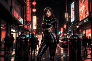 A futuristic cityscape at night, teeming with towering skyscrapers adorned with massive holographic displays and neon advertisements. At the center, a confident woman stares directly at the viewer, breaking the fourth wall. She's wearing a sleek, high-tech Nike outfit - a form-fitting bodysuit with glowing swoosh logos and dynamic, light-reactive patterns. Her hair is styled in a edgy, asymmetrical cut with vibrant streaks that seem to pulse with energy.
The buildings around her are a mix of gleaming chrome and gritty concrete, their facades alive with ever-changing digital billboards. Streams of hovercars flow between the structures, leaving trails of light in their wake. The sky is a tapestry of deep purples and blues, occasionally split by beams of light from unseen sources.
In the foreground, rain-slicked streets reflect the cacophony of lights above, creating a mirror world effect. Puddles ripple with the neon glow, distorting reflections in mesmerizing patterns.
The overall style should blend the hyperrealistic detail of Maciej Kuciara, the vibrant color palettes of Artgem (Michal Lisowski), and the moody atmospherics of Wojtek Fus. Incorporate the intricate worldbuilding seen in works by Josan Gonzalez and the dynamic lighting techniques of Beeple (Mike Winkelmann).
Composition should be optimized for a widescreen desktop display, with the central figure of the woman anchoring the image while allowing the sprawling cityscape to fill the periphery. Use a mix of sharp focus and bokeh effects to create depth and draw the eye to key elements.
The final image should pulsate with the energy of a living, breathing cyberpunk world, inviting the viewer to lose themselves in its intricate details and vibrant atmosphere."