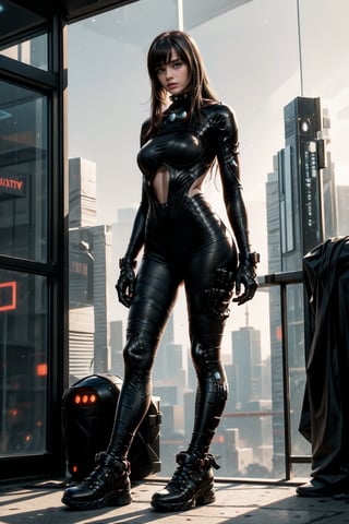 Within a surreal, nanopunk metropolis (perpetual twilight:1.2), Alexandra daddario takes on the role of a cyberpunk femme fatale. Picture her standing on the ledge of a towering building, her silhouette against the eternal twilight. The scene is a masterpiece of ultra-realism with a dramatic lighting scheme, casting an eerie, underexposed glow. Capture the intricate details of Alexandra daddario attire and the cyberpunk elements of the cityscape in HDR, creating an image of infinite ultra-resolution image quality.big busty, real, unreal, 4k, ultra hd, artchlr