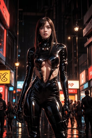 A futuristic cityscape at night, teeming with towering skyscrapers adorned with massive holographic displays and neon advertisements. At the center, a confident woman stares directly at the viewer, breaking the fourth wall. She's wearing a sleek, high-tech Nike outfit - a form-fitting bodysuit with glowing swoosh logos and dynamic, light-reactive patterns. Her hair is styled in a edgy, asymmetrical cut with vibrant streaks that seem to pulse with energy.
The buildings around her are a mix of gleaming chrome and gritty concrete, their facades alive with ever-changing digital billboards. Streams of hovercars flow between the structures, leaving trails of light in their wake. The sky is a tapestry of deep purples and blues, occasionally split by beams of light from unseen sources.
In the foreground, rain-slicked streets reflect the cacophony of lights above, creating a mirror world effect. Puddles ripple with the neon glow, distorting reflections in mesmerizing patterns.
The overall style should blend the hyperrealistic detail of Maciej Kuciara, the vibrant color palettes of Artgem (Michal Lisowski), and the moody atmospherics of Wojtek Fus. Incorporate the intricate worldbuilding seen in works by Josan Gonzalez and the dynamic lighting techniques of Beeple (Mike Winkelmann).
Composition should be optimized for a widescreen desktop display, with the central figure of the woman anchoring the image while allowing the sprawling cityscape to fill the periphery. Use a mix of sharp focus and bokeh effects to create depth and draw the eye to key elements.
The final image should pulsate with the energy of a living, breathing cyberpunk world, inviting the viewer to lose themselves in its intricate details and vibrant atmosphere."