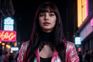 "Lisa Manobal of BLACKPINK stands confidently in the center of a bustling cyberpunk street at night. She's wearing a sleek, high-tech bodysuit with iridescent green accents that shimmer under the neon lights. The suit features geometric patterns and glowing circuit-like designs. Her look is completed with a futuristic leather jacket with illuminated edges.
Lisa's face is in sharp focus, beautifully lit to highlight her distinct features. Her skin appears flawless with a subtle, ethereal glow. Her eyes are enhanced with vibrant, holographic eye makeup that catches the light. Her signature bangs frame her face perfectly, while the rest of her long, dark hair flows dramatically behind her, reflecting the neon lights.
