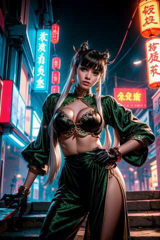Sexy Pose , (masterpiece),(solo), 1 Japanese beauty, white hair ,  (high sexual attraction,long hair), in the dark night, (sexy thai Hanfu+body implants) ,(highly detailed background of ancient Indian achitechture with green neon lights) ,Cyberpunk,Enhance,  Chinese fantasy art,lisa,chunlims,chun-li