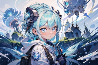 masterpiece,  extremely detailed, highest quality, girl, cute expression, white and blue hair, alien planet, gun in hand, dynamic lighting, sharp ,no_humans,EnvyBeautyMix23
