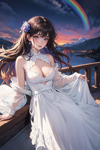 masterpiece, extremely detailed, highly detailed, best quality, a lot of details, 1 girl, colorful hair color,  mountains background, night time, mystical, rainbow lights, colorful, white aesthetic dress