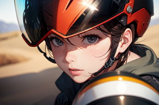 (masterpiece, Realistic, best quality, highres), (close up), eyes_focus, desert, 1girl, riding a motorcycle, open helmet