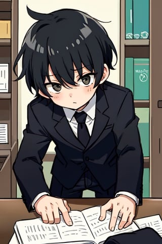 1boy,suit,black_hair,frizzy_hair,short_hair,tiny_male,bending_over,alone
