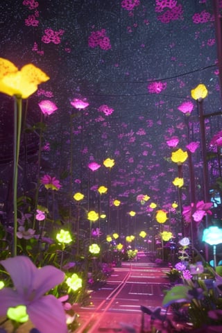 style of studio ghibli, glowing flowers made of machine parts and neon wires,, beautiful landscape futuristic ultra detailed tiny digital flowers, thematic background, neon matrix code surrounding all color, glow, fluttering symbols, | depth of field, bokeh, | smooth detailed shadows, hyperealistic shadows, (saturated colors:1.2) | (game cg, unreal engine, pixar style), (3d model)
