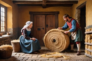 Create a realistic image of (the inside of a Medieval house) in Ireland.  ((An old woman is sitting) on a wooden chair next to a pile of hay). (A strong young man is standing next to her).  ((He is twisting hay to make a rope) giving his back to the entrance of the house).