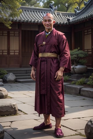(Vietnamese man),  detailed face with wrinkles, (bald head), (shaved head), shaved face. Aged 40+, wearing a ((totally) (plum colored Chinese Shao Lin Monk long robe), (loose plum colored monk pants underneath) and (brown moccasins)). The monk is standing in a full-body-shot in the courtyard of a peaceful Zen garden.  The monk is (practicing Qigong exercises).Photorealistic, full_length_portrait 