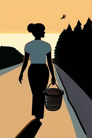 The silouette of a mature woman walking into the sunset, comfortable clothes, carrying a basket of bread on her shoulder and casting a long shadow on the road.  She is wearing pants and flat shoes, has a pretty smirk and a glow of peace and satisfaction.  She is eating a bread bun as she walks